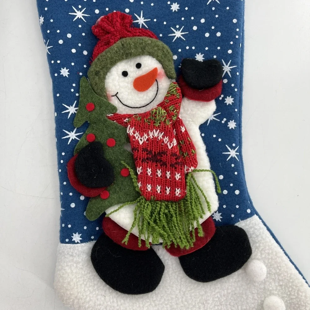 2 Vintage Snowman Felt Applique Christmas Stocking 3D Fleece Knit Pom Stitch 21